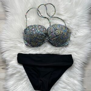 Victoria's Secret Paisley Bikini top and Multicolor and generic Black bottoms.